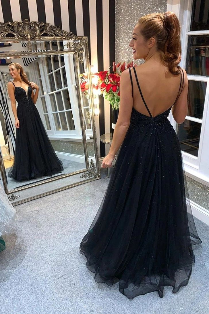 A-Line V-Neck Tulle Black Prom Dresses Backless Formal Gown with Beading