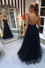 A-Line V-Neck Tulle Black Prom Dresses Backless Formal Gown with Beading