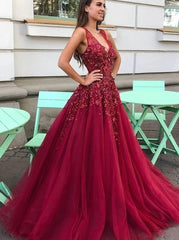 Sequins Beading V-Neck Fuchsia Prom Dresses Long Party Dresses