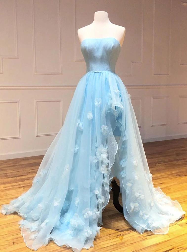 Light Sky Blue Tulle Strapless Long Prom Dresses with Handmade Flowers