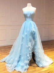 Light Sky Blue Tulle Strapless Long Prom Dresses with Handmade Flowers