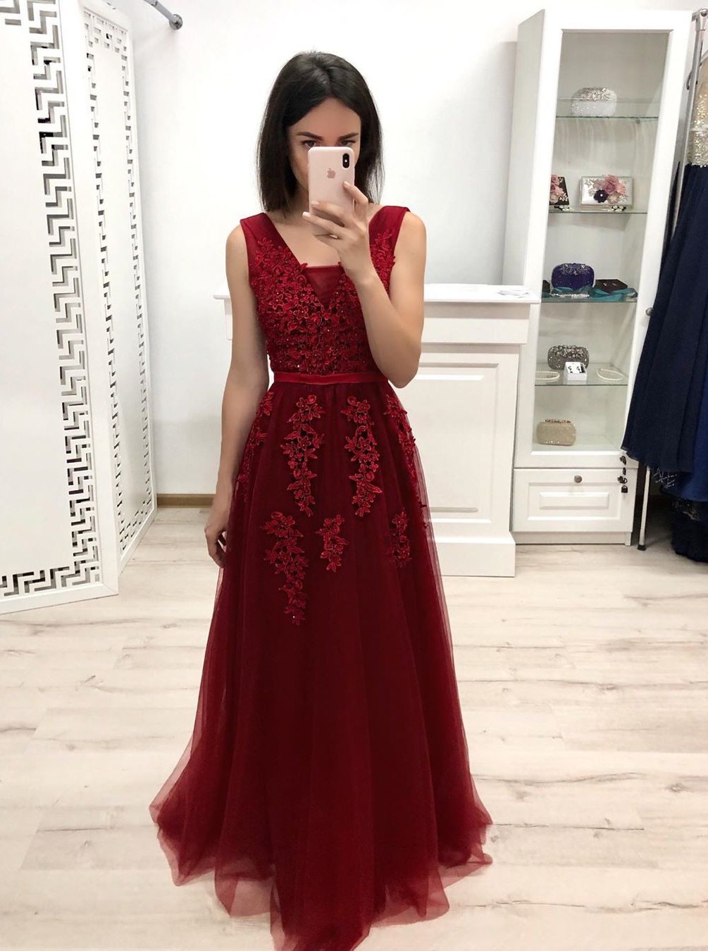 A-Line V-Neck Burgundy Tulle Bridesmaid and Prom Dress with Appliques
