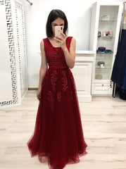 A-Line V-Neck Burgundy Tulle Bridesmaid and Prom Dress with Appliques