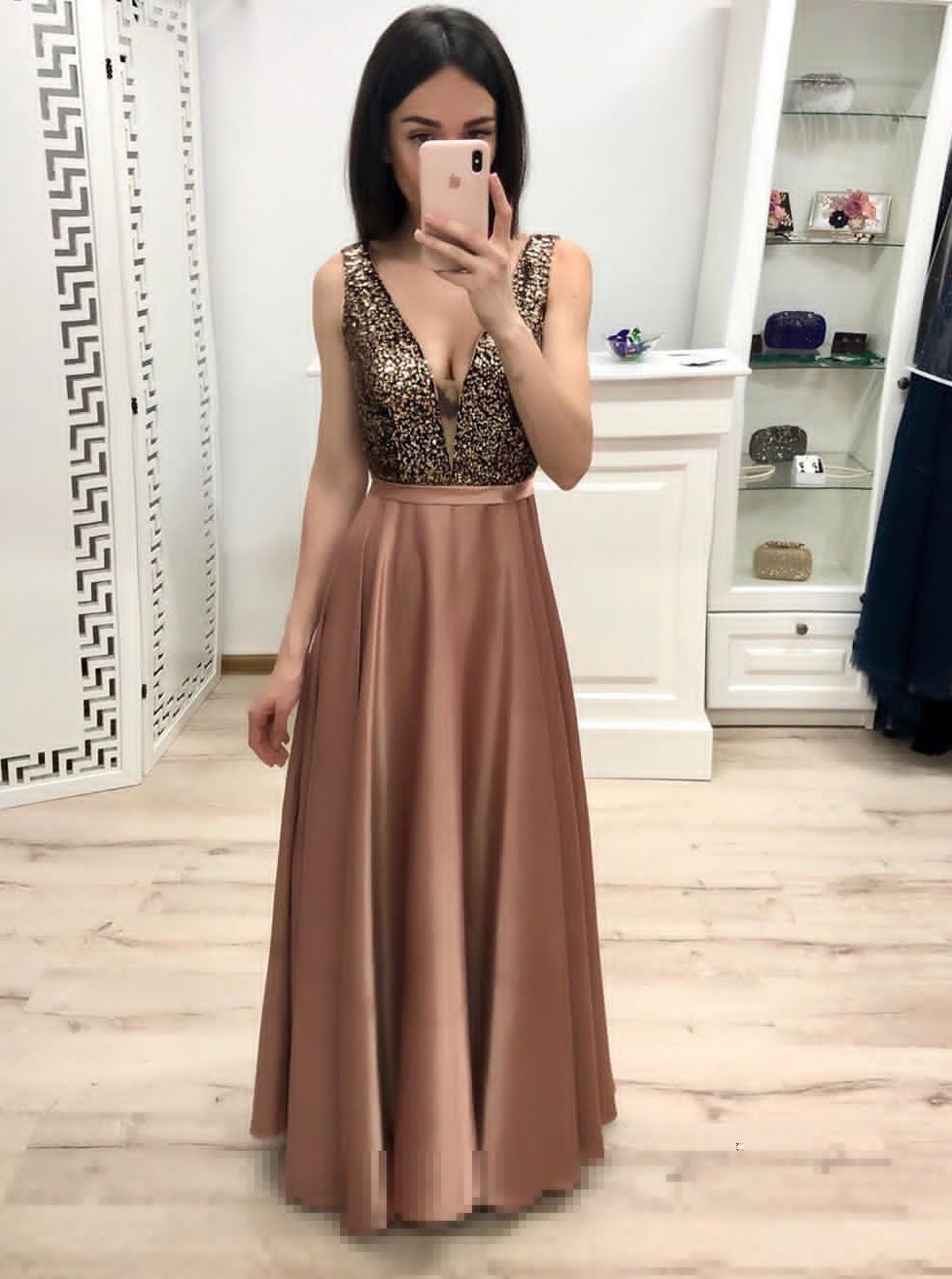 A-Line V-Neck Satin Long Prom Dresses Formal Gown with Beading