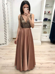 A-Line V-Neck Satin Long Prom Dresses Formal Gown with Beading