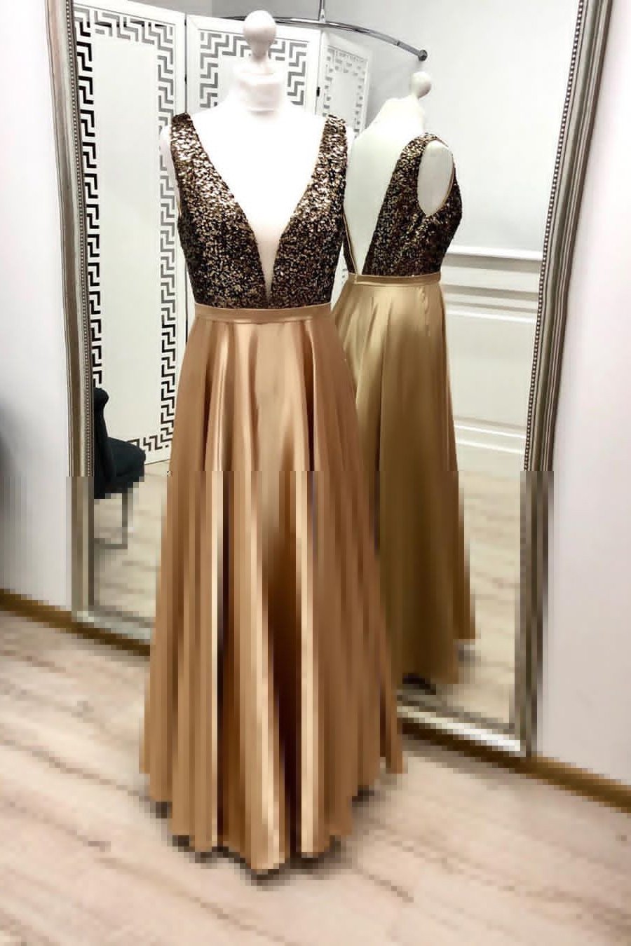 A-Line V-Neck Satin Long Prom Dresses Formal Gown with Beading