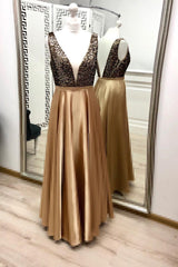 A-Line V-Neck Satin Long Prom Dresses Formal Gown with Beading