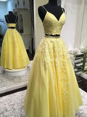 A-Line V-Neck Daffodil Two Piece Long Prom Dresses with Applique Beaded