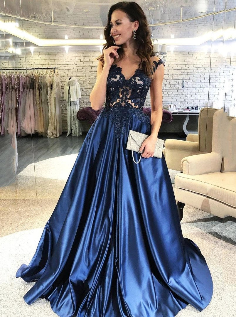 Elegant A-Line V-Neck Navy Blue Satin Skirt Prom Dress
