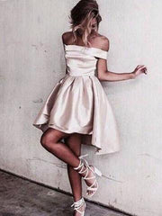 A-Line Off-Shoulder Satin Asymmetrical High-Low Prom Dress with Pleats