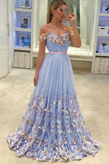Off-The-Shoulder Tulle Butterfly Appliques Long Prom Dresses