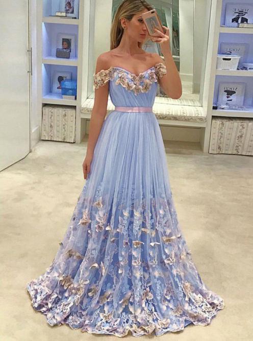 Off-The-Shoulder Tulle Butterfly Appliques Long Prom Dresses