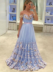 Off-The-Shoulder Tulle Butterfly Appliques Long Prom Dresses