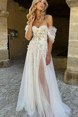 Lace Appliques Tulle Beach Wedding Dresses, A-Line Bridal Dress with Off Shoulder