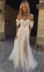 Lace Appliques Tulle Beach Wedding Dresses, A-Line Bridal Dress with Off Shoulder