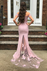 Off Shoulder Pink Floral Lace Mermaid Prom and Bridesmaid Dress