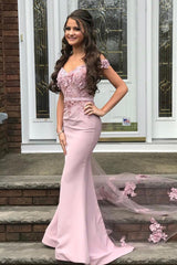 Off Shoulder Pink Floral Lace Mermaid Prom and Bridesmaid Dress