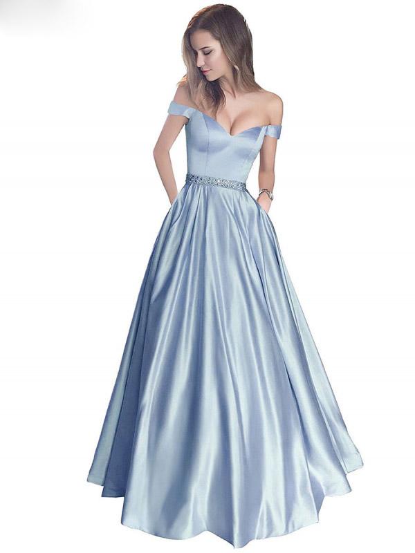 A-Line Off-Shoulder Waist Beaded Satin Long Prom Dress