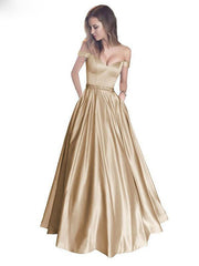 A-Line Off-Shoulder Waist Beaded Satin Long Prom Dress