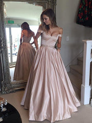 A-Line Off-Shoulder Waist Beaded Satin Long Prom Dress