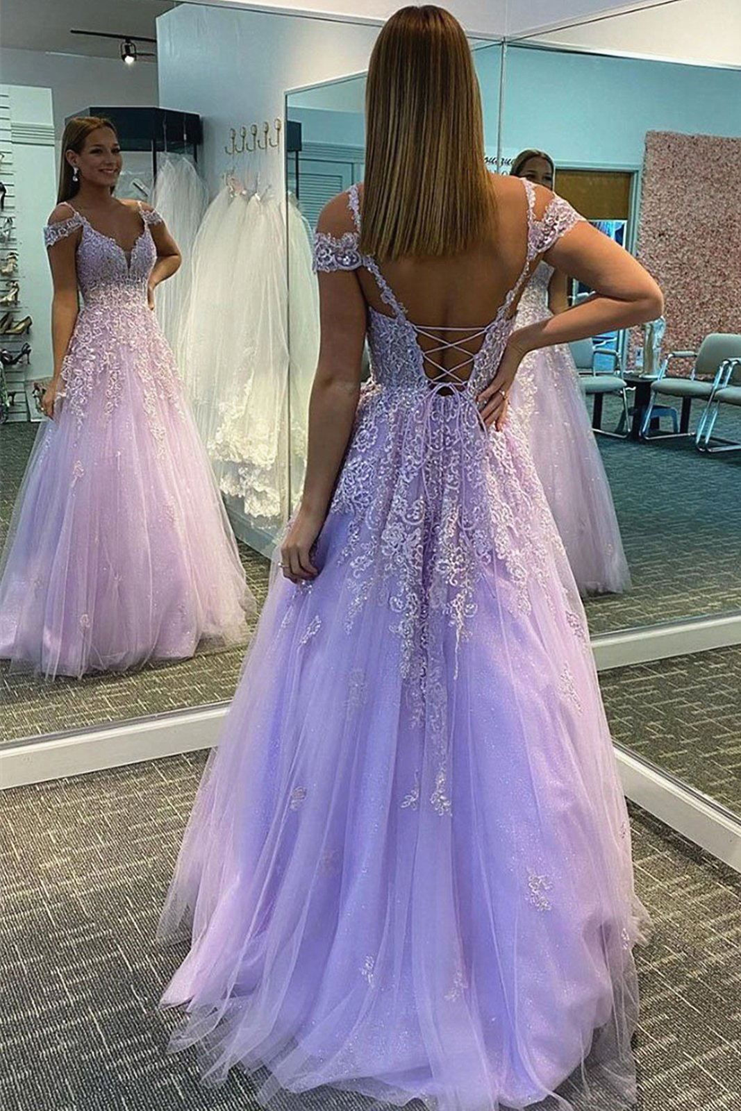 Sparkly Tulle A-Line Prom Dresses with Lace Appliques, Lilac Formal Dress