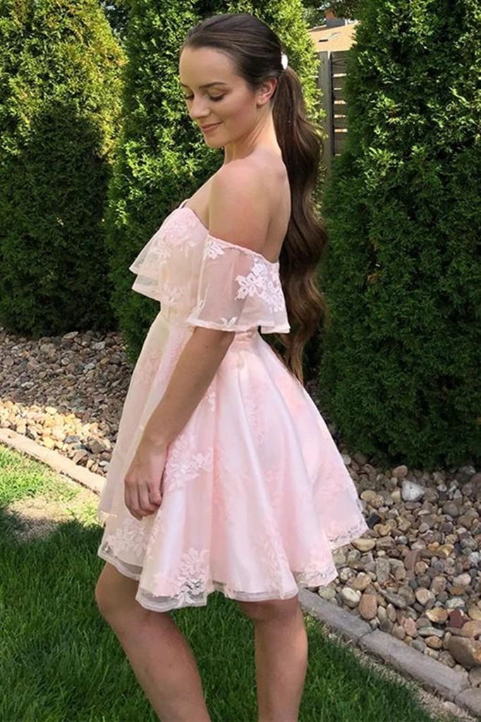Off-Shoulder Pink Lace Short Graduation Homecoming Dresses