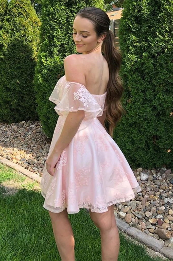 Off-Shoulder Pink Lace Short Graduation Homecoming Dresses