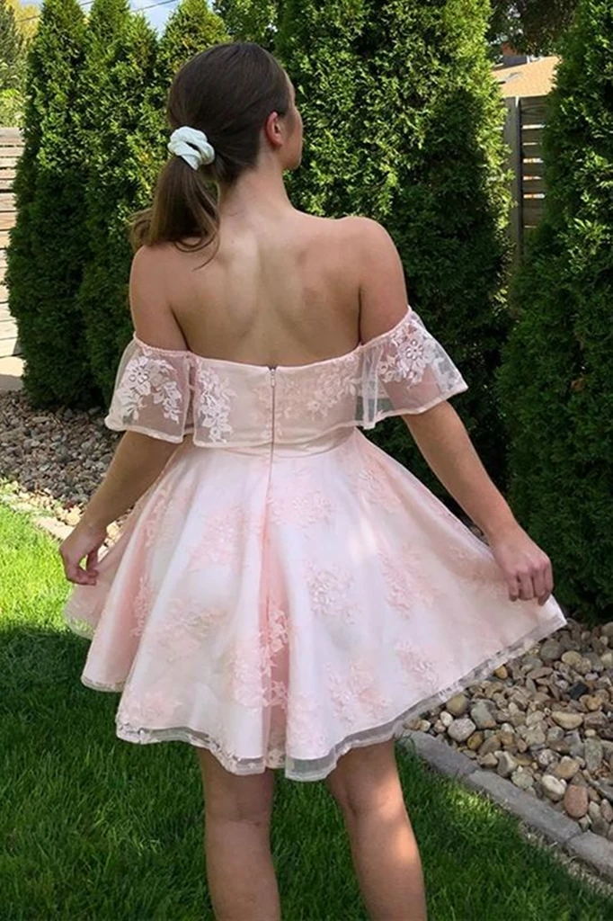 Off-Shoulder Pink Lace Short Graduation Homecoming Dresses