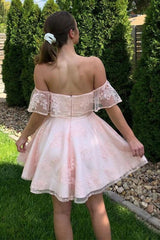 Off-Shoulder Pink Lace Short Graduation Homecoming Dresses