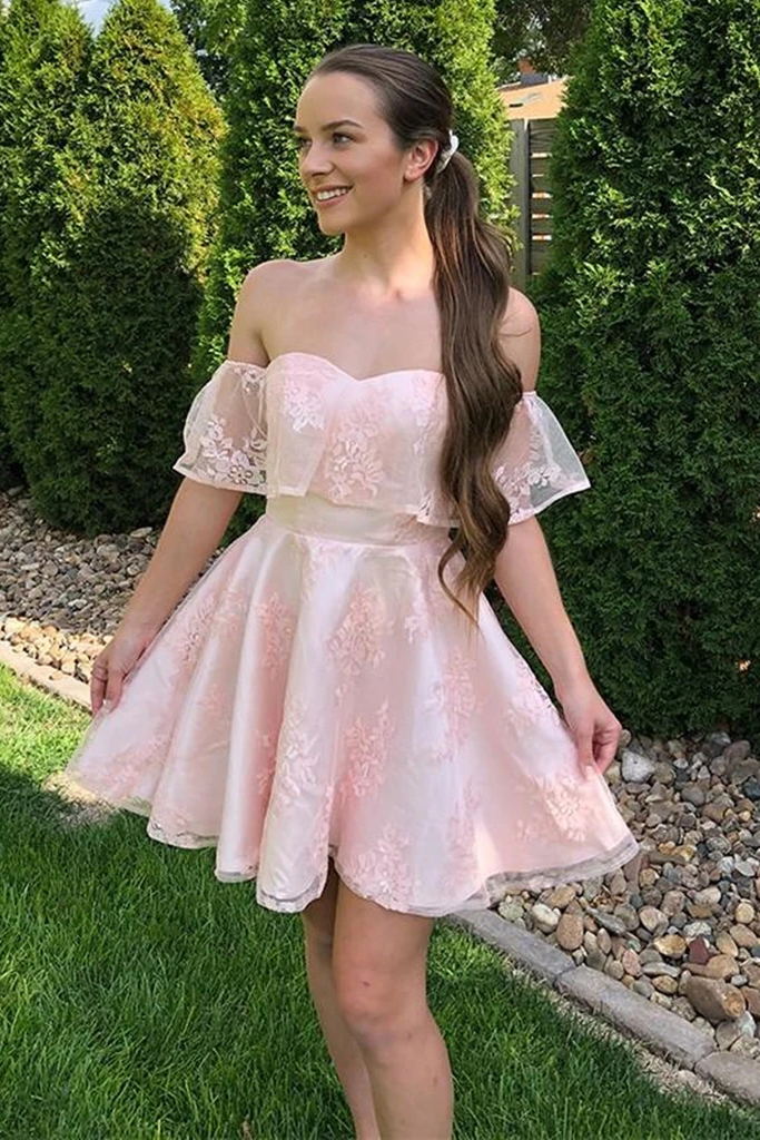Off-Shoulder Pink Lace Short Graduation Homecoming Dresses