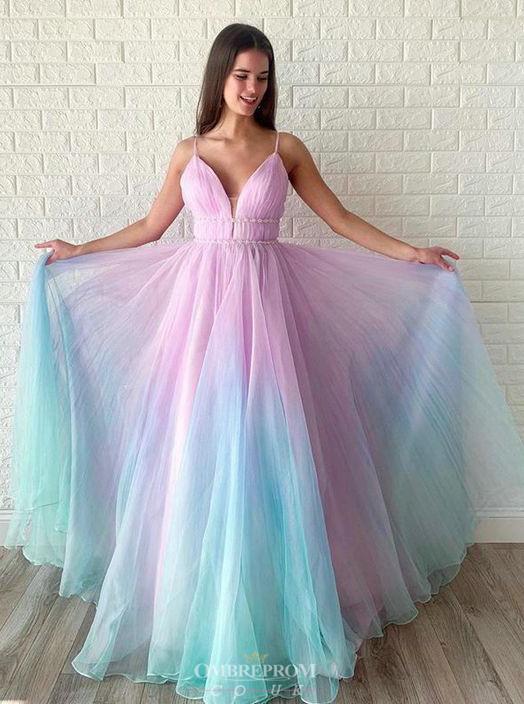 A-Line Ombre Long Prom Dress, V-neck Beaded Graduation Gown