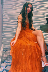 Orange Sweetheart Long Prom Dresses with Lace, Long Slit Tiered Tulle Evening Dress
