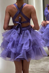 Organza Purple Short Prom Dresses, A-Line Tiered V-Neck Homecoming Dress