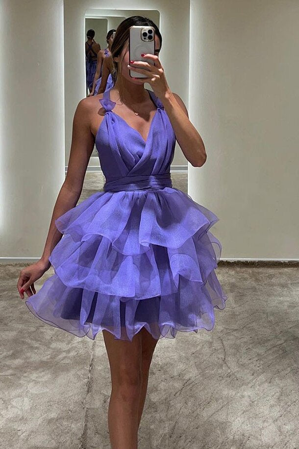 Organza Purple Short Prom Dresses, A-Line Tiered V-Neck Homecoming Dress