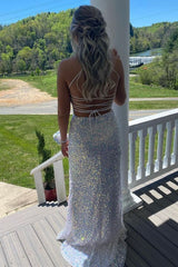Backless White Mermaid Sequins Long Evening Gown with Slit