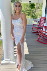 Backless White Mermaid Sequins Long Evening Gown with Slit