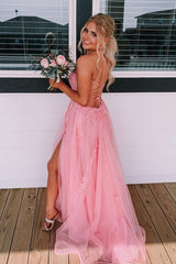 Backless Pink A-Line Long Prom Dress with Tulle Applique and Split