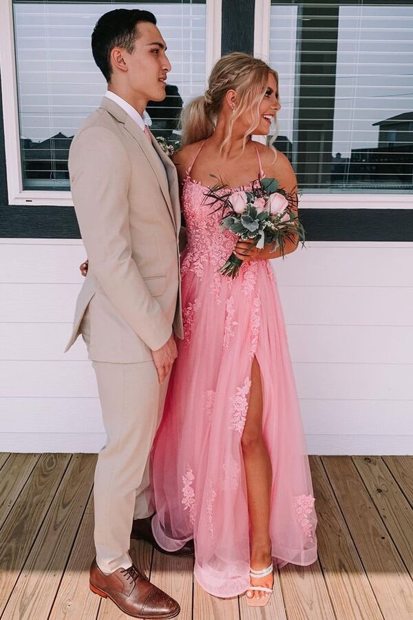 Backless Pink A-Line Long Prom Dress with Tulle Applique and Split