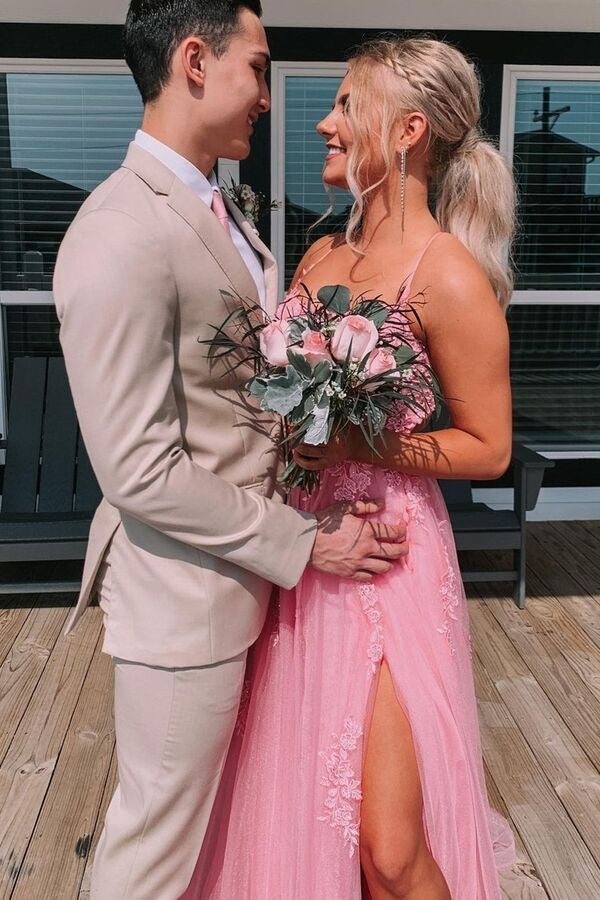 Backless Pink A-Line Long Prom Dress with Tulle Applique and Split