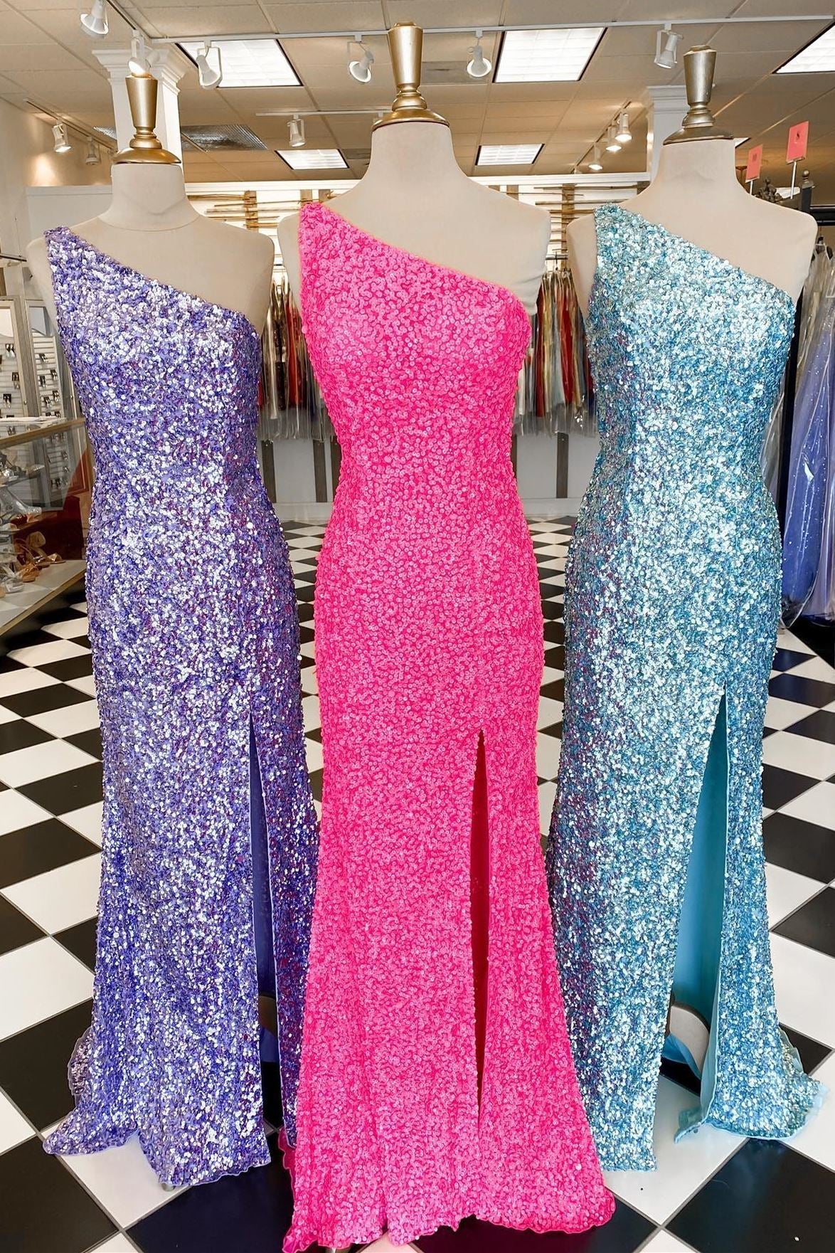 Glitter One-Shoulder Sequins Mermaid Prom Dresses, Sparkly Evening Gown