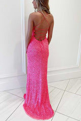 Hot Pink Sequins Mermaid Long Prom Dresses, Slit Long Evening Gowns