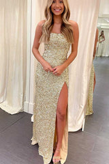 Hot Pink Sequins Mermaid Long Prom Dresses, Slit Long Evening Gowns