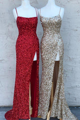 Spaghetti Straps Sequins Mermaid Long Prom Dresses, Slit Evening Gown