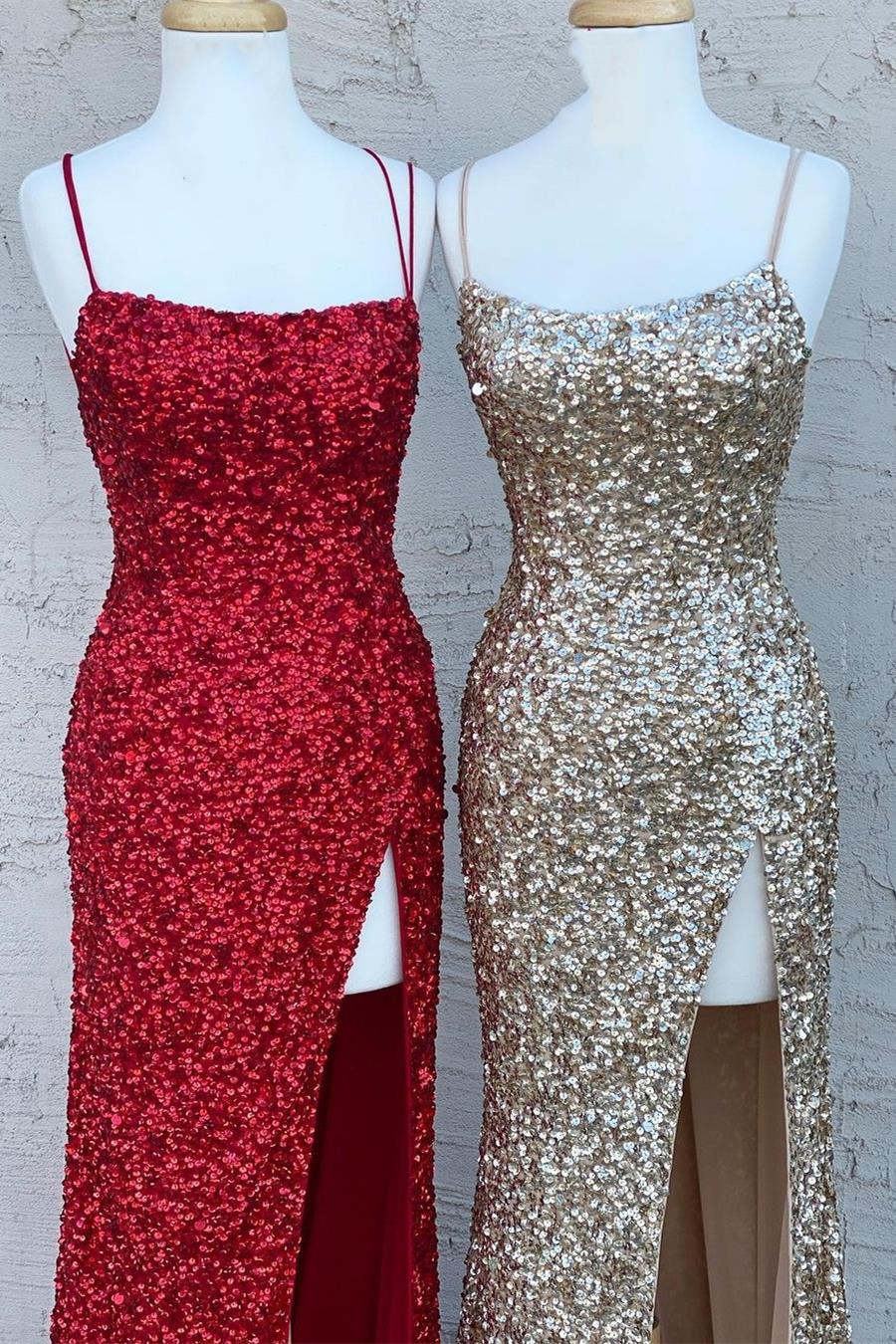 Spaghetti Straps Sequins Mermaid Long Prom Dresses, Slit Evening Gown