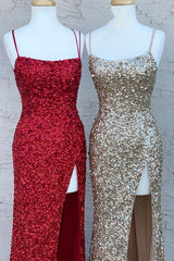 Spaghetti Straps Sequins Mermaid Long Prom Dresses, Slit Evening Gown