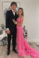 Pink Tulle Mermaid Prom Dresses Appliques Backless Evening Dresses