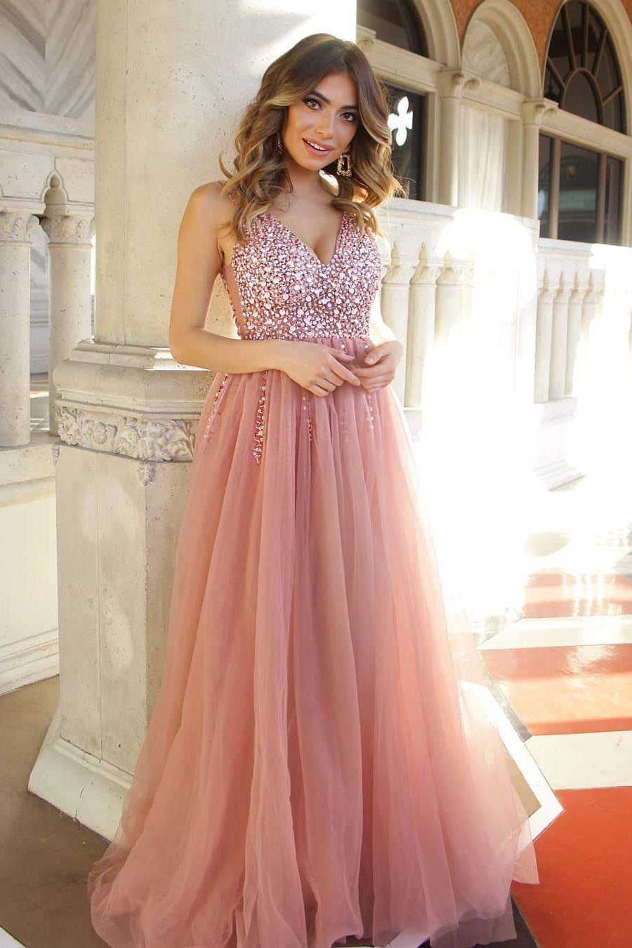 Dusty Pink Long Prom Dress with Elegant Beaded Bodice