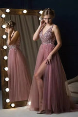 Dusty Pink Long Prom Dress with Elegant Beaded Bodice