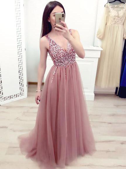 Dusty Pink Long Prom Dress with Elegant Beaded Bodice