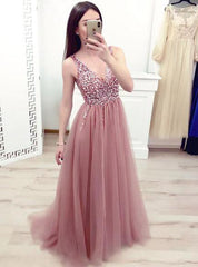 Dusty Pink Long Prom Dress with Elegant Beaded Bodice